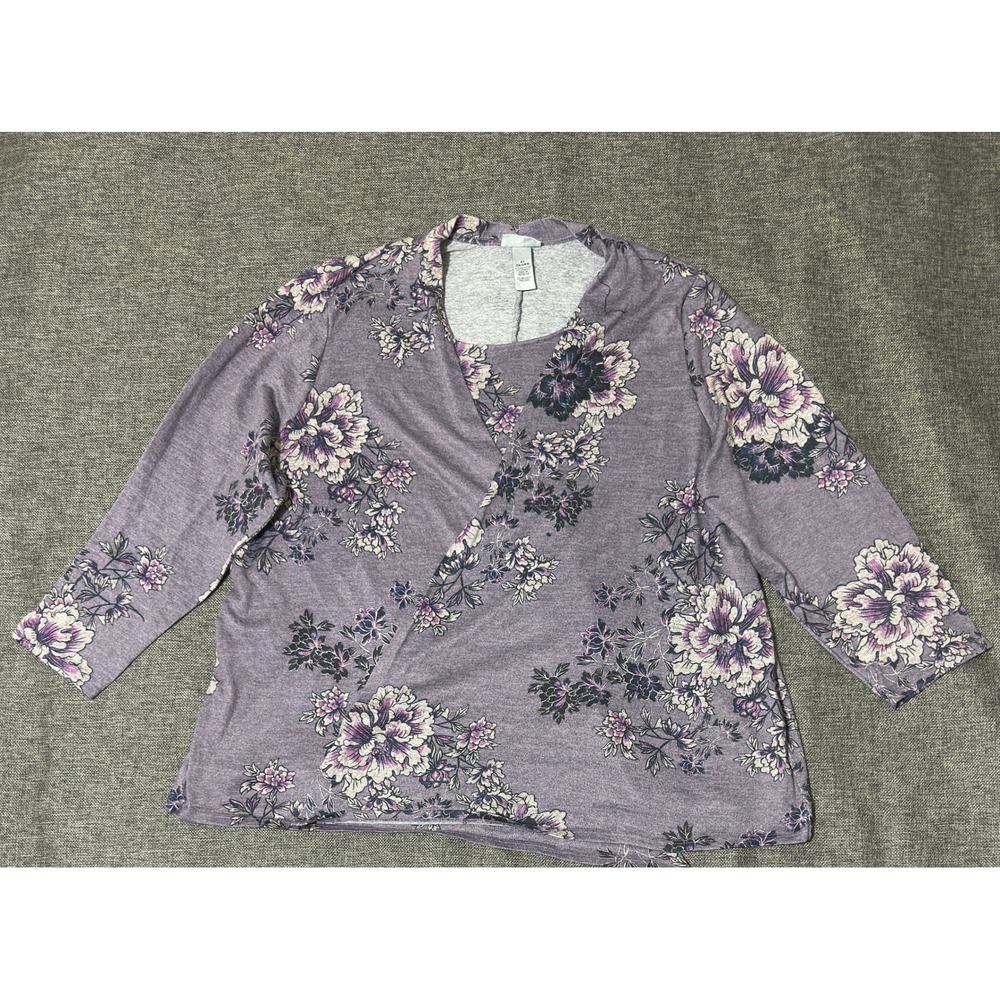 Catherines Womens 3X Top Purple Floral Faux Wrap 3/4 Sleeve Knit